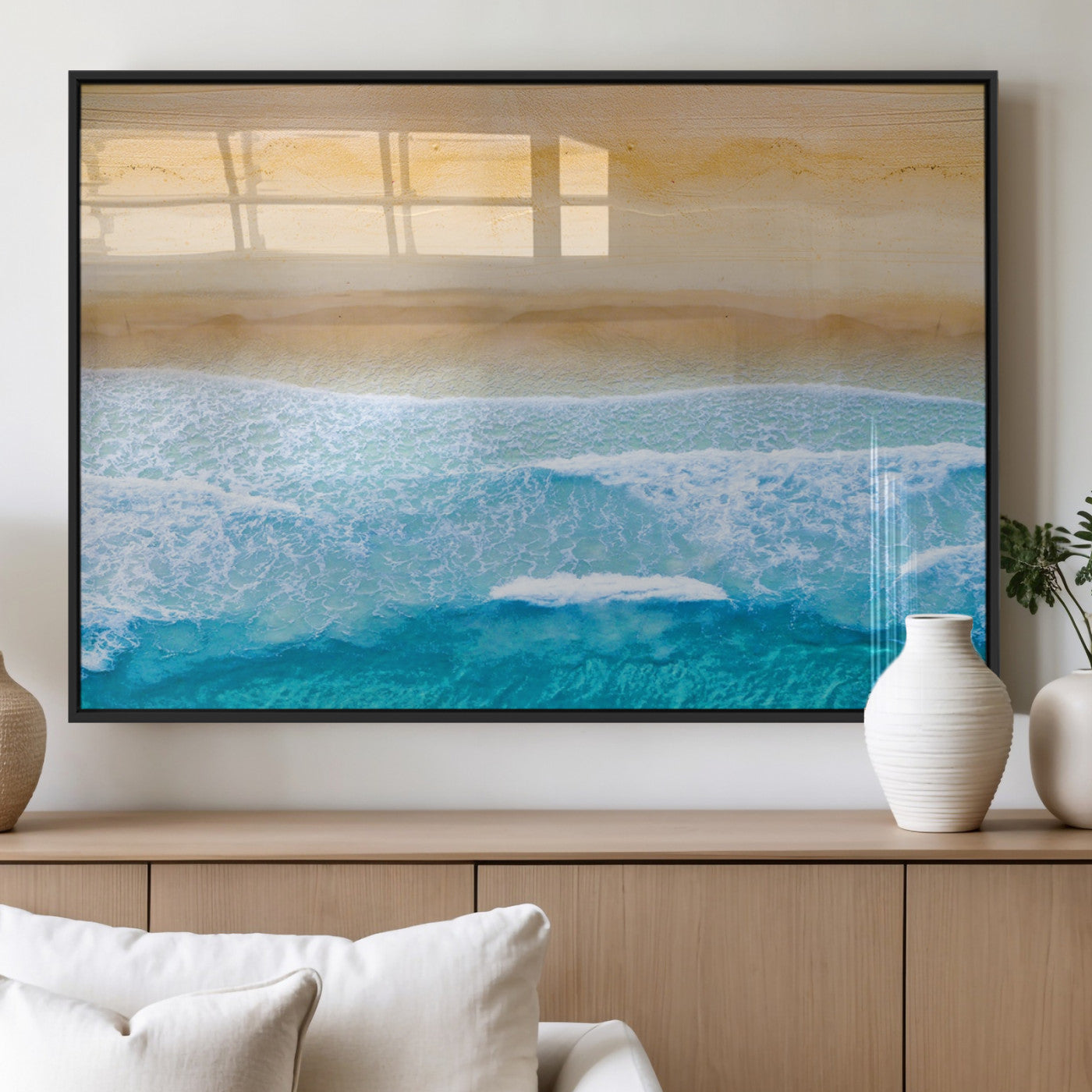 43046-MGV-FP-60X30-3P_Black-Aerial Beach Wall Art – Serene Ocean Waves & Sandy Shore Canvas Print, Coastal Home Decor for Living Room, Bedroom or Office