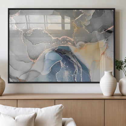 63211-MGV-FP-60X30-3P_Black-Abstract Fluid Art Wall Decor – Blue, Gray & Gold Canvas Print, Modern Home and Office Wall Art Decor for Living Room, Bedroom or Workspace
