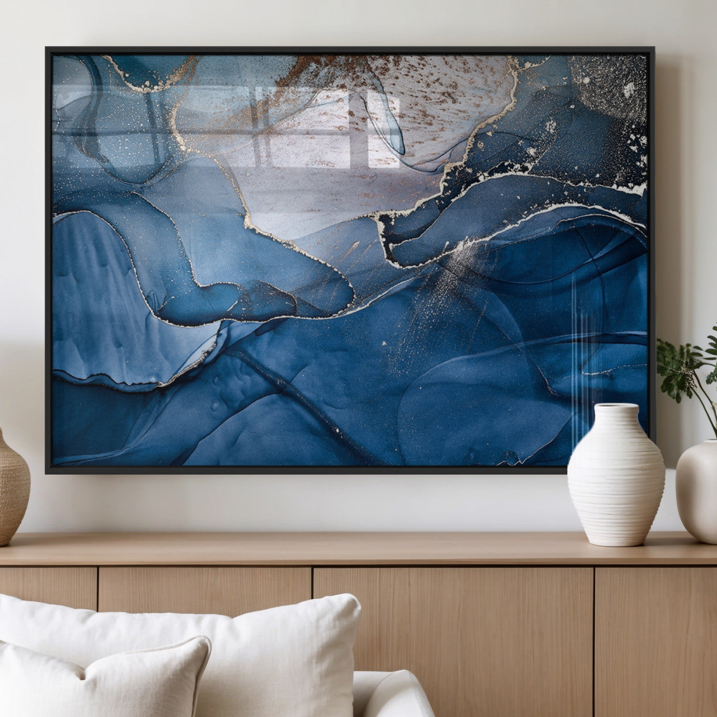 27810-MGV-FP-60X30-3P_Black-Abstract Blue Gold Fluid Art Wall Decor – Modern Canvas Print, Elegant Home & Office Wall Art, Stylish Living Room or Bedroom Decoration