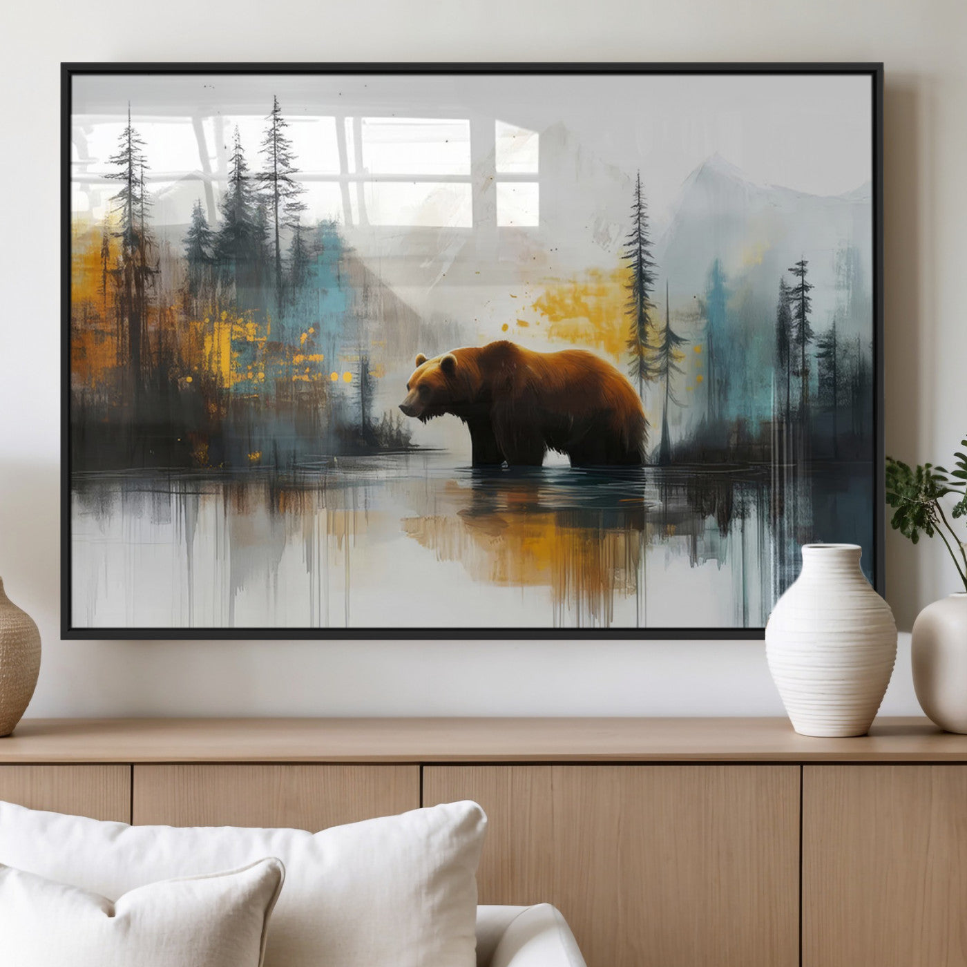 A majestic bear stands by the serene waters of a misty forest, surrounded by towering trees and distant mountains, evoking the raw beauty and wild spirit of nature.