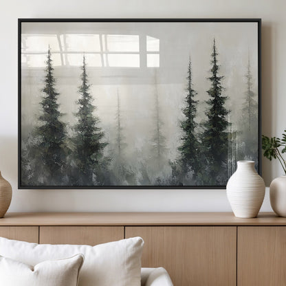 Soft and misty pine forest painting in neutral earthy tones, ideal for calm woodland or minimalist rustic home decor.