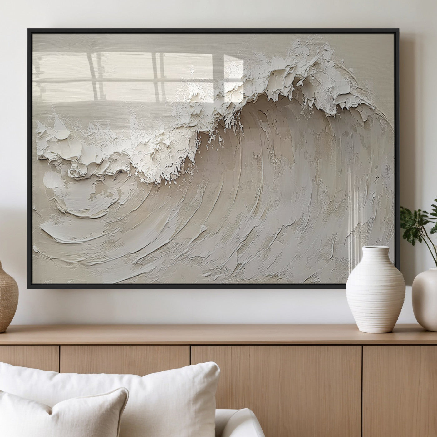 Textured canvas of an abstract white ocean wave in neutral tones, ideal for modern coastal or minimalist home decor.