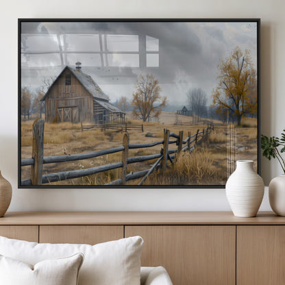 A tranquil rural scene featuring a rustic barn, overcast skies, and golden fields with scattered trees, evoking a sense of peaceful solitude in nature.