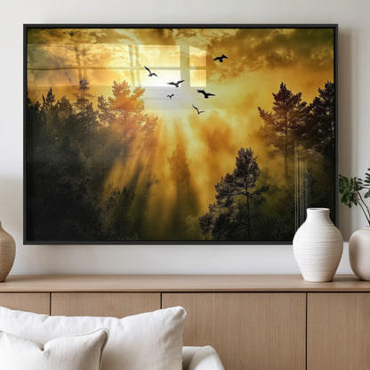 Canvas of a golden forest at sunset with birds flying through glowing sunbeams and silhouetted pine trees, ideal for warm-toned rustic decor.