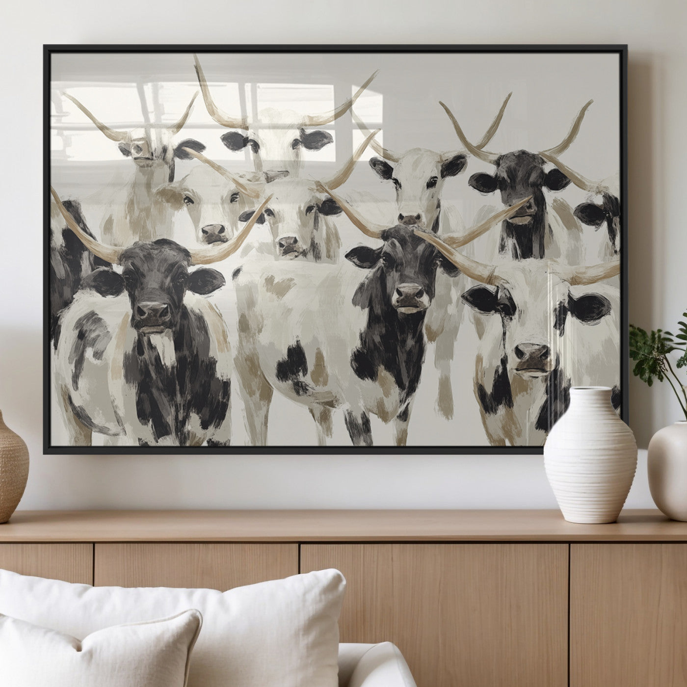 Canvas of a Texas Longhorn cattle herd in neutral black and white tones, ideal for rustic farmhouse or western-themed decor.