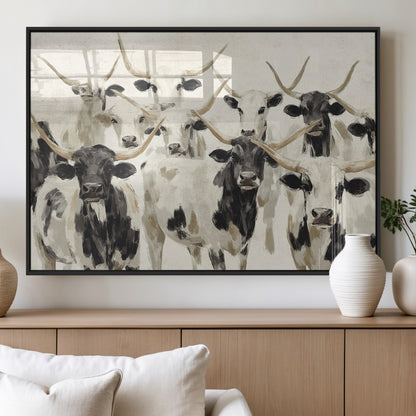 Canvas of a Texas Longhorn cattle herd in neutral black and white tones, ideal for rustic farmhouse or western-themed decor.