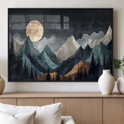 Stylized canvas of layered mountains under a full moon in neutral moody tones, ideal for nature-inspired or modern rustic interiors.