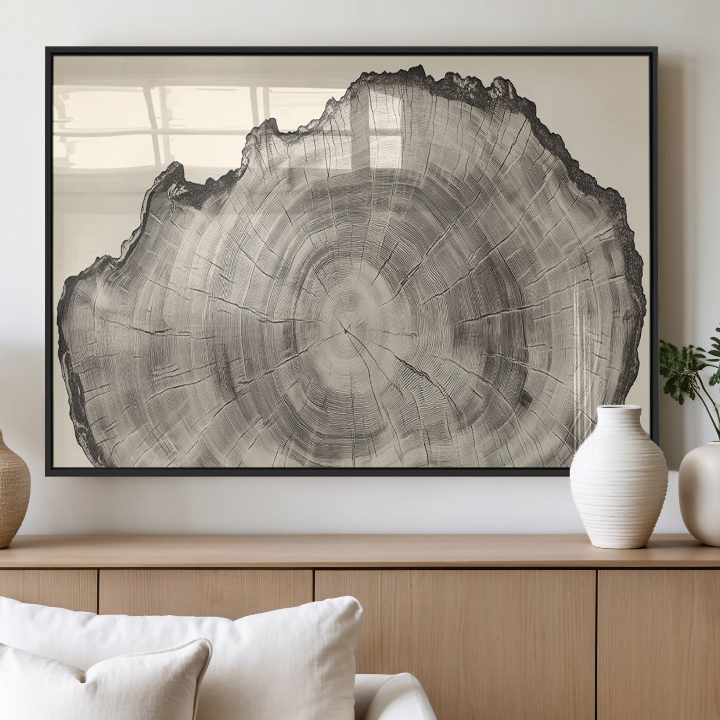 Detailed tree ring drawing in monochrome tones, ideal for rustic or nature-inspired interiors with a minimal decor aesthetic.