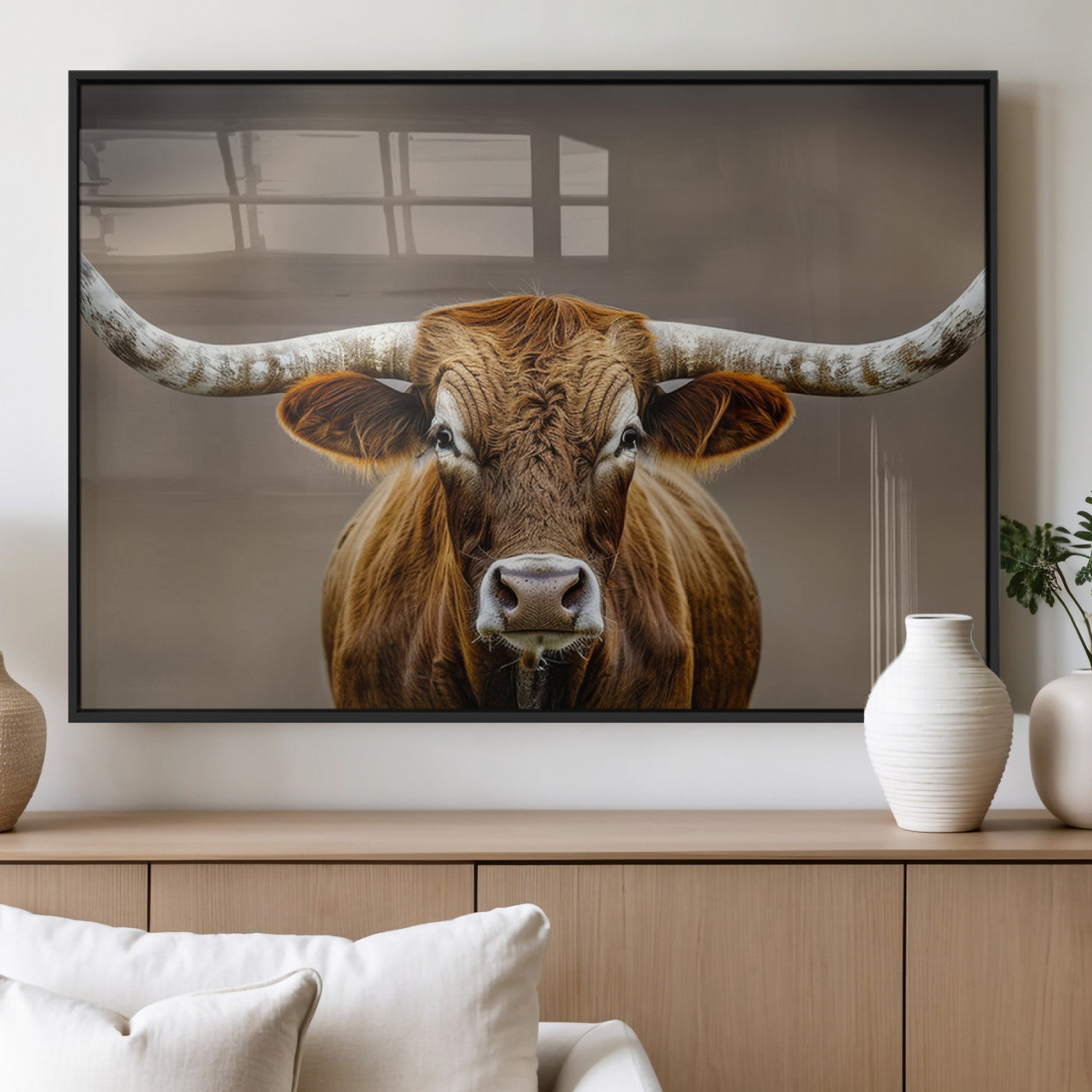 Close-up of a Texas Longhorn with strong curved horns and warm brown tones, perfect for rustic or western-style wall decor.