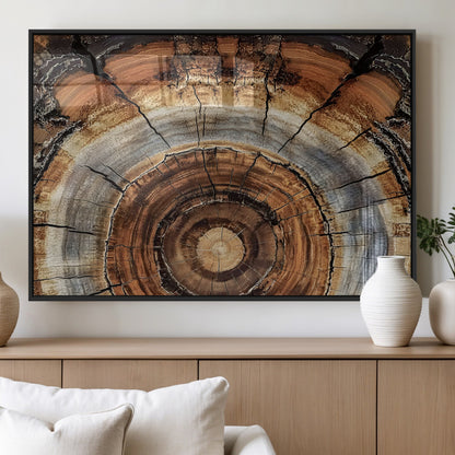 Canvas of tree rings and natural wood grain in earthy tones, ideal for rustic or vintage-inspired home decor with organic textures.