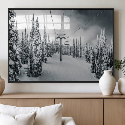 Canvas of a snowy ski lift scene through a forest of tall pine trees, ideal for moody winter or alpine-themed home decor.