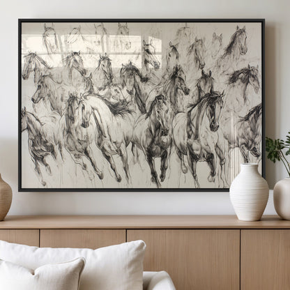 Monochrome ink sketch of galloping horses in dynamic motion, perfect for western or equine-themed wall decor with bold artistic energy.