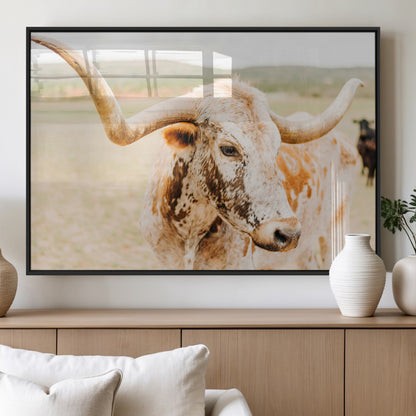 Close-up of a speckled Texas Longhorn in warm prairie tones, perfect for rustic western or countryside-themed room decor.