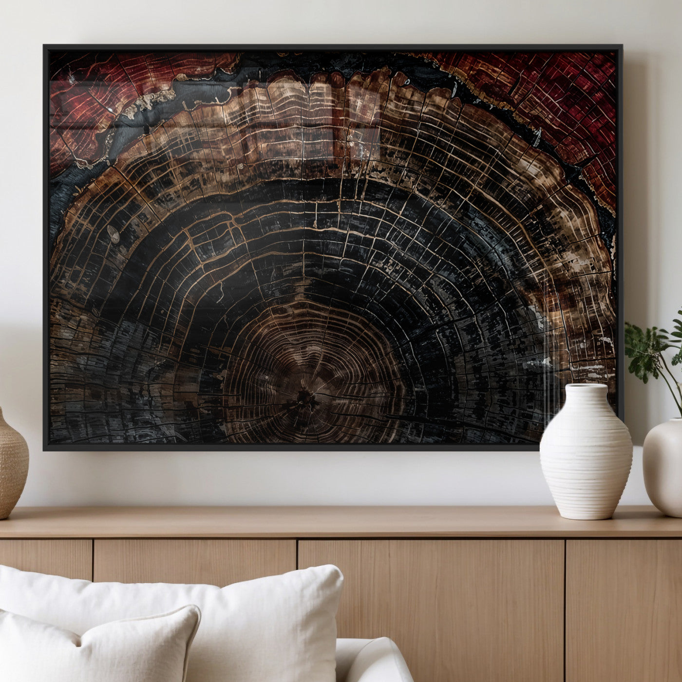 Dark Wood Wall Art Print - Petrified Tree Canvas Print, featuring an intricate tree ring pattern with deep earthy tones and organic textures, perfect for rustic and nature-inspired decor.