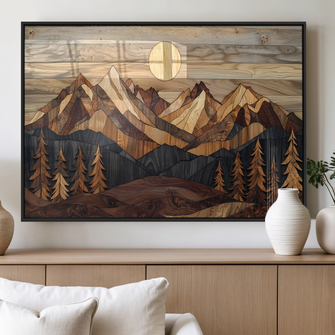 Mountain Landscape Wall Art Print - Sunset Hills Canvas Print, featuring an abstract nature scene with earthy tones and misty peaks, perfect for boho and modern decor.