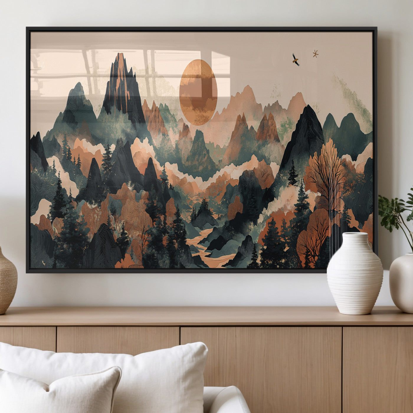 Mountain Landscape Wall Art Print - Sunset Hills Canvas Print, featuring an abstract nature scene with earthy tones and misty peaks, perfect for boho and modern decor.