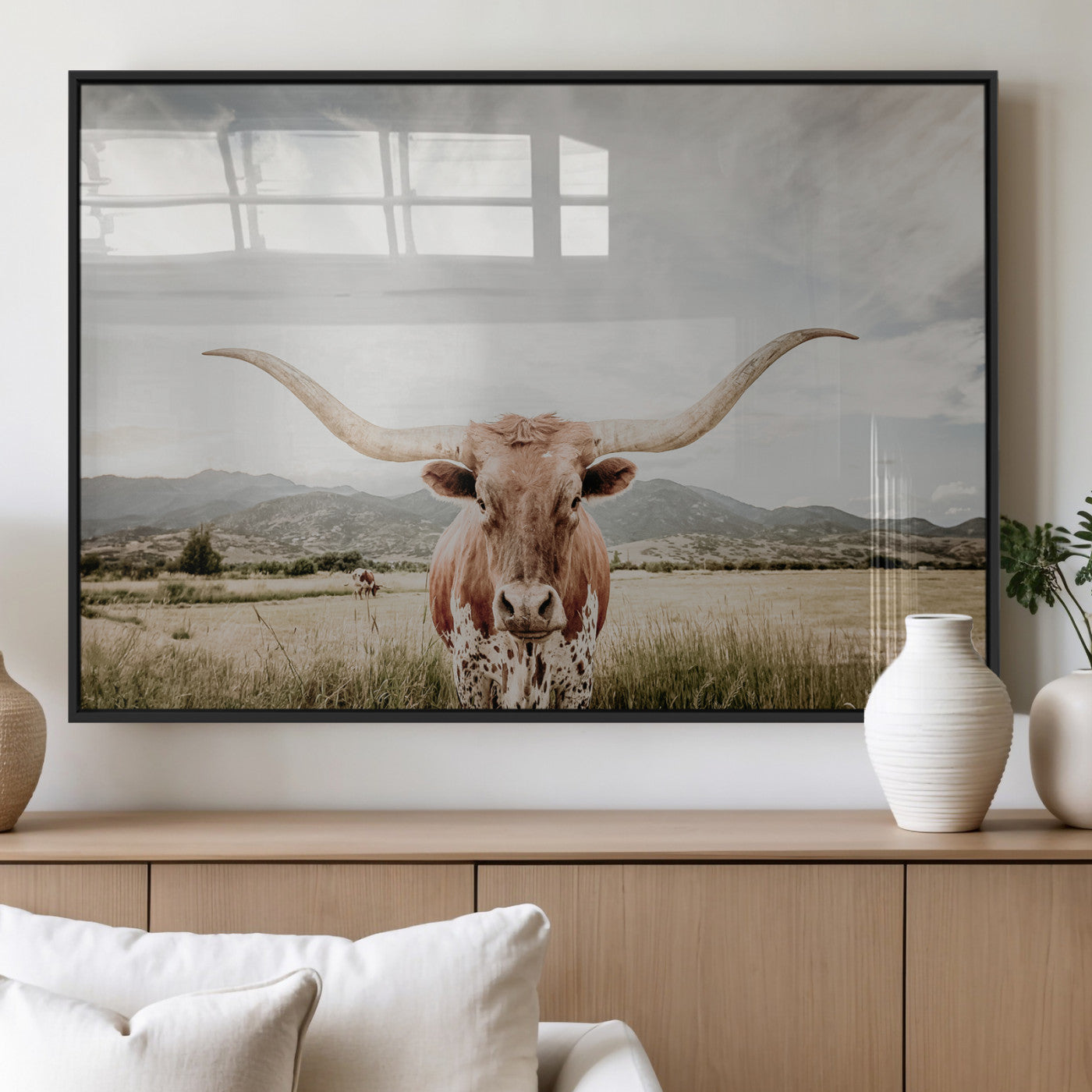 Longhorn Wall Art Print - Western Cow Canvas Print, featuring a majestic Texas longhorn in a rustic prairie setting, perfect for farmhouse and western decor.