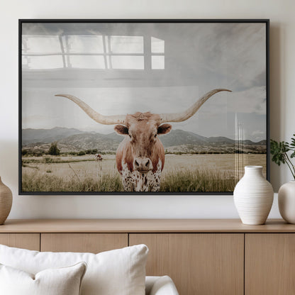 Longhorn Wall Art Print - Western Cow Canvas Print, featuring a majestic Texas longhorn in a rustic prairie setting, perfect for farmhouse and western decor.