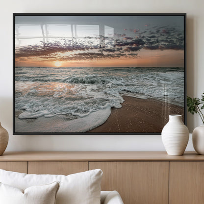 Ocean Sunset Wall Art Print - Beach Waves Canvas Print, featuring a serene seascape with golden sunlight reflecting on gentle waves, perfect for coastal and minimalist decor.