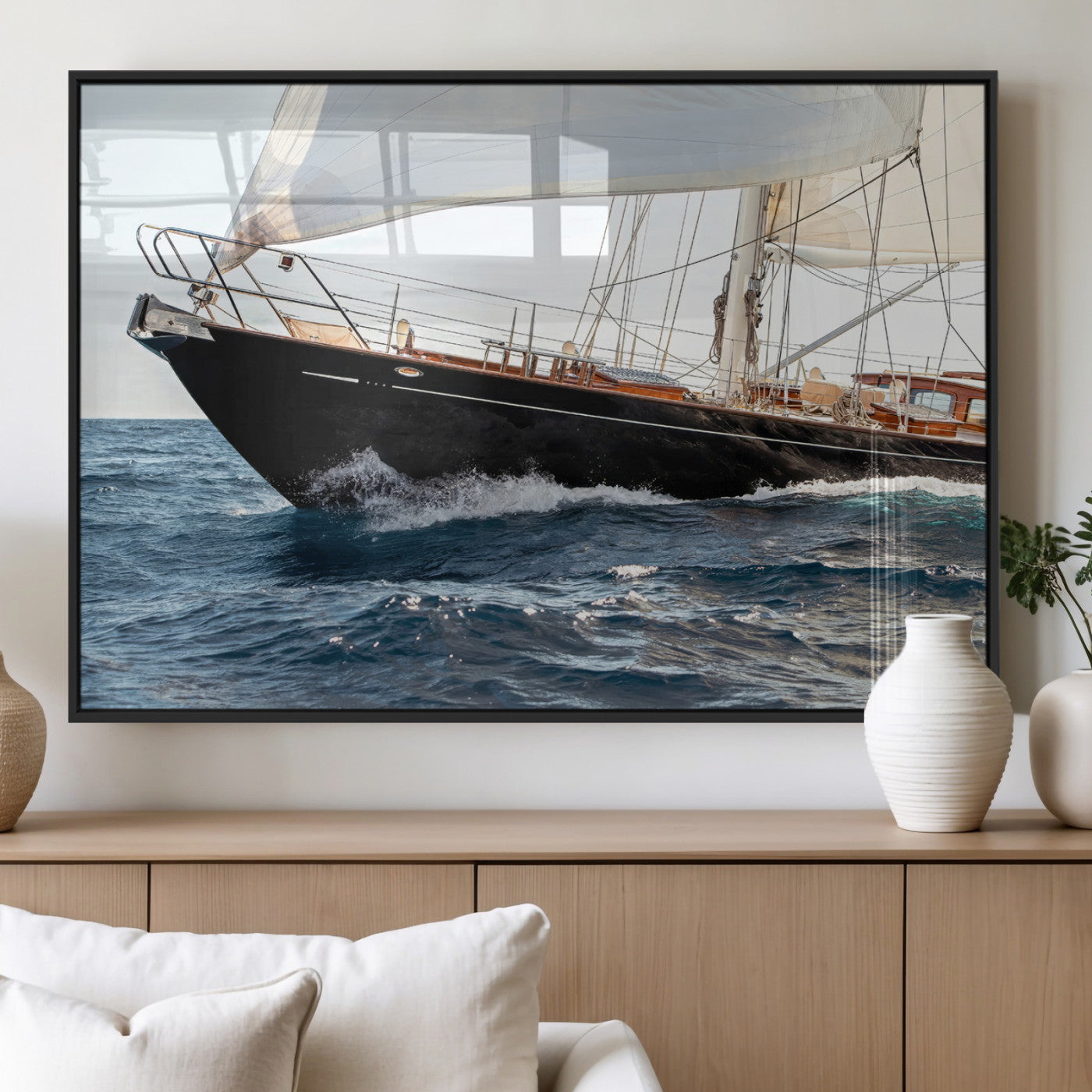 Close-up of a classic sailing yacht with wooden deck and full sails, perfect for nautical or coastal-style decor in ocean-themed spaces.