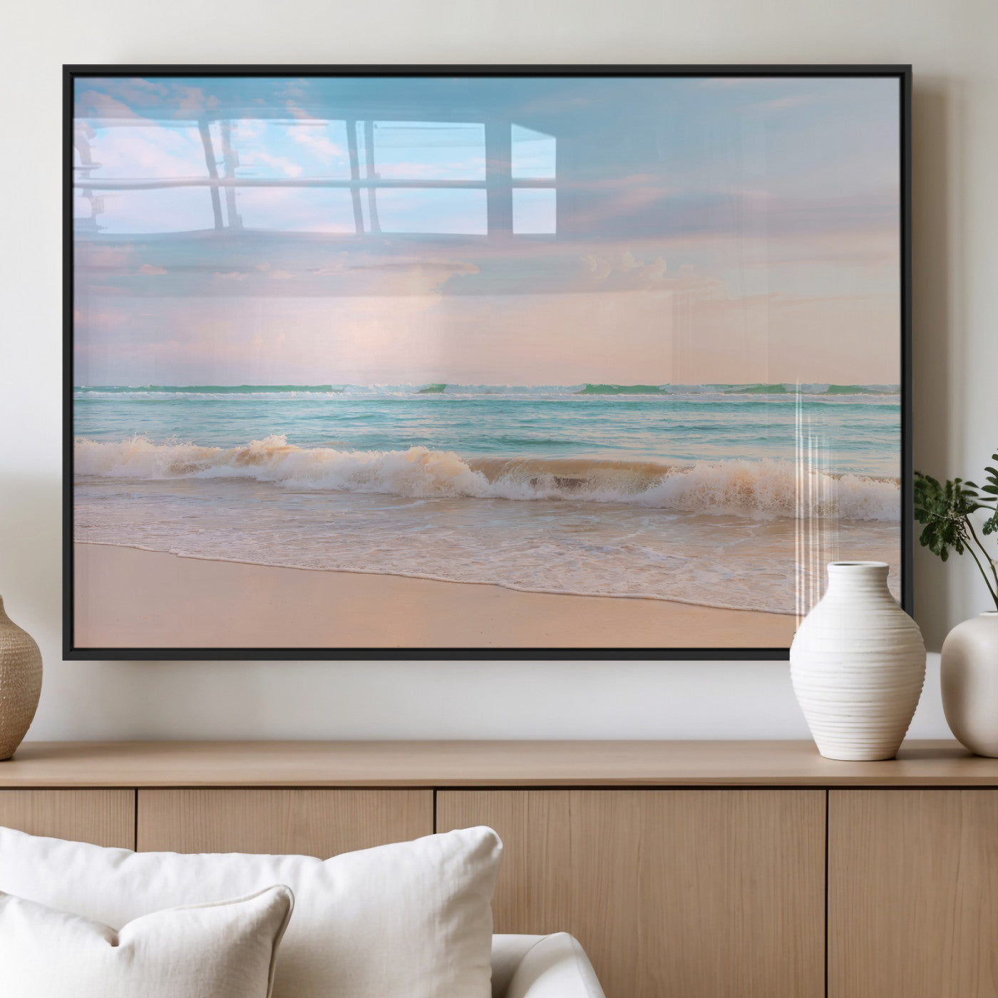 Pastel-toned ocean waves under soft sunset skies, ideal for pastel coastal or serene beach-style home decor.