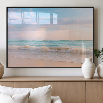 Pastel-toned ocean waves under soft sunset skies, ideal for pastel coastal or serene beach-style home decor.