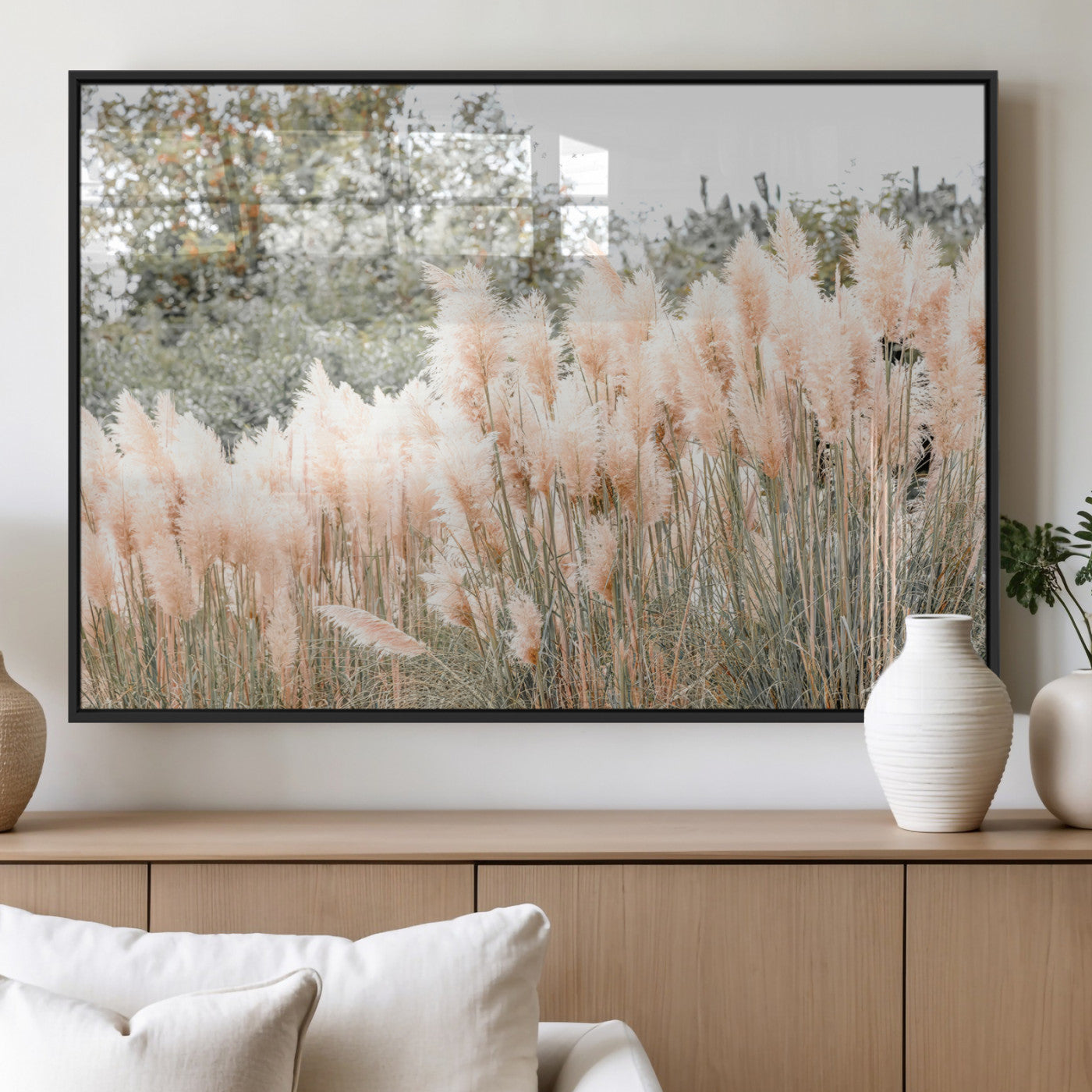 Soft pastel pampas grasses in a natural setting, ideal for neutral boho or rustic botanical-style interior wall decoration.