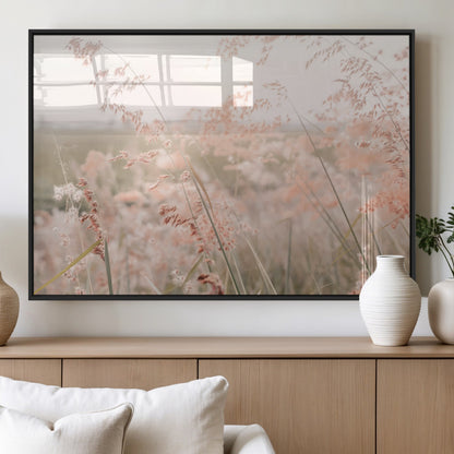 Soft pastel field with wild grasses in warm light, ideal for minimal nature or airy countryside-inspired interior wall decoration.