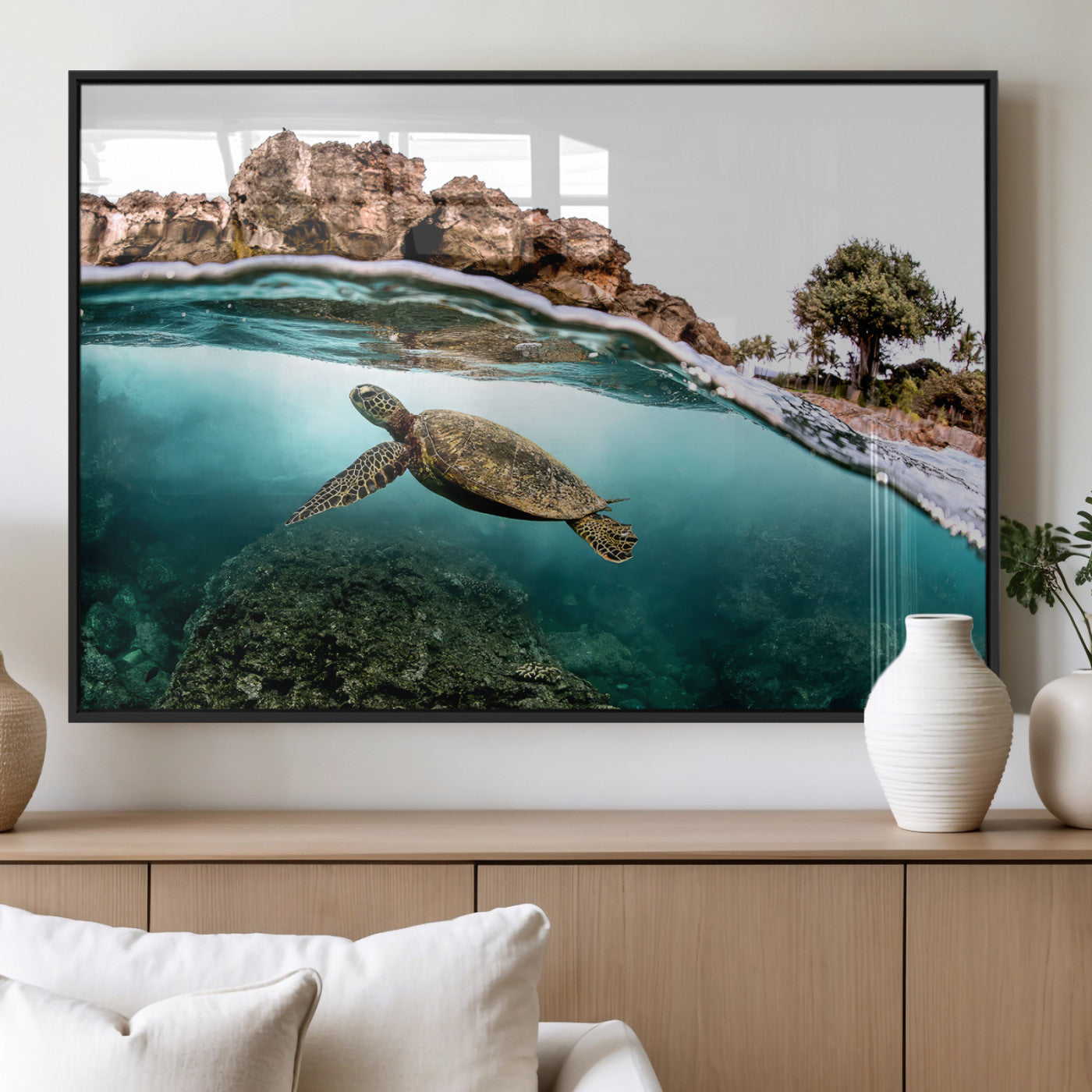 Dynamic split-view photo of a sea turtle swimming near rocky shores, perfect for vibrant coastal or tropical beach home decor.