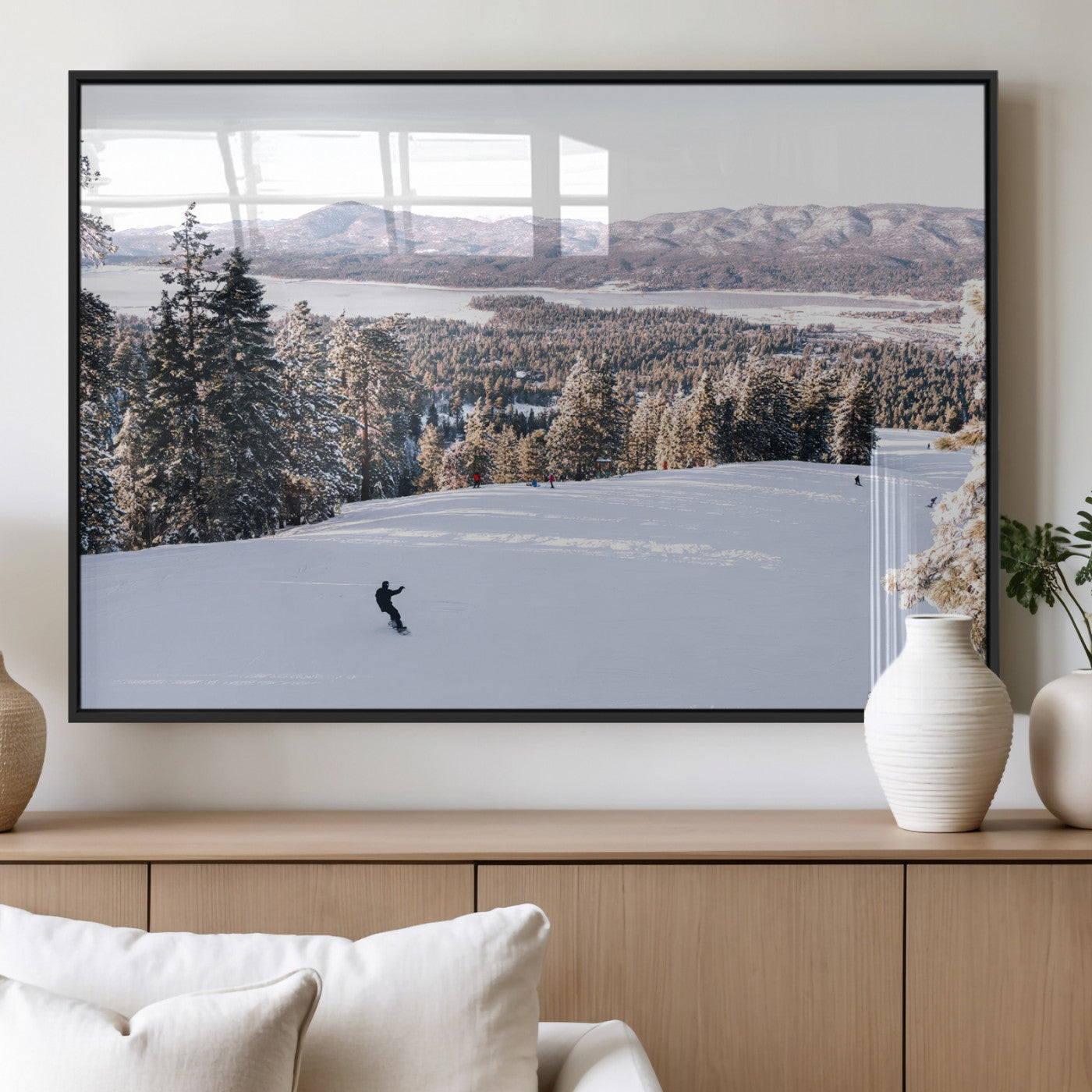 Canvas of a snowy mountain ski slope with pine trees and bright winter light, ideal for modern rustic or alpine-inspired home decor.