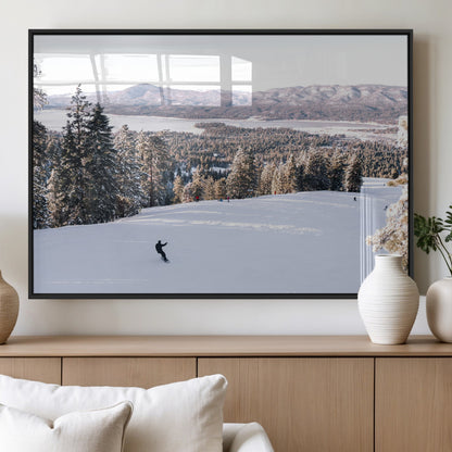 Canvas of a snowy mountain ski slope with pine trees and bright winter light, ideal for modern rustic or alpine-inspired home decor.