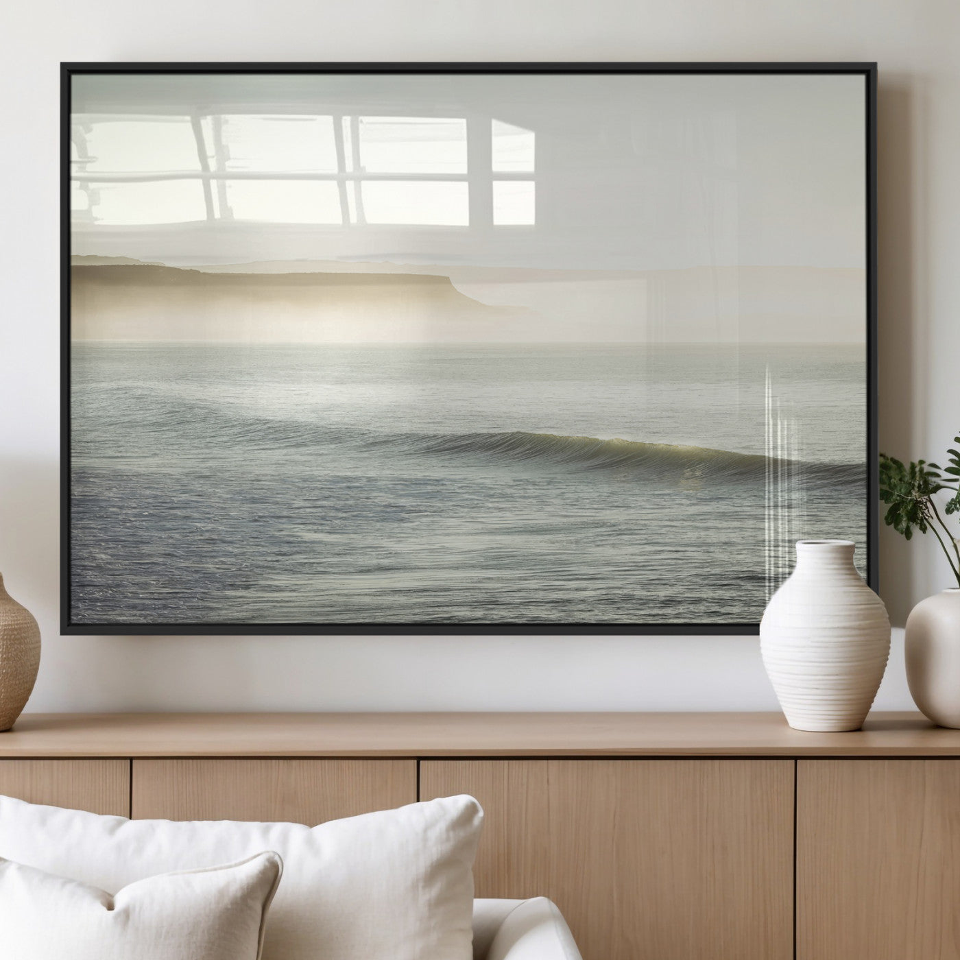 Canvas of a misty ocean scene with coastal cliffs and soft neutral tones, ideal for Scandinavian coastal or minimalist nature-inspired home decor.