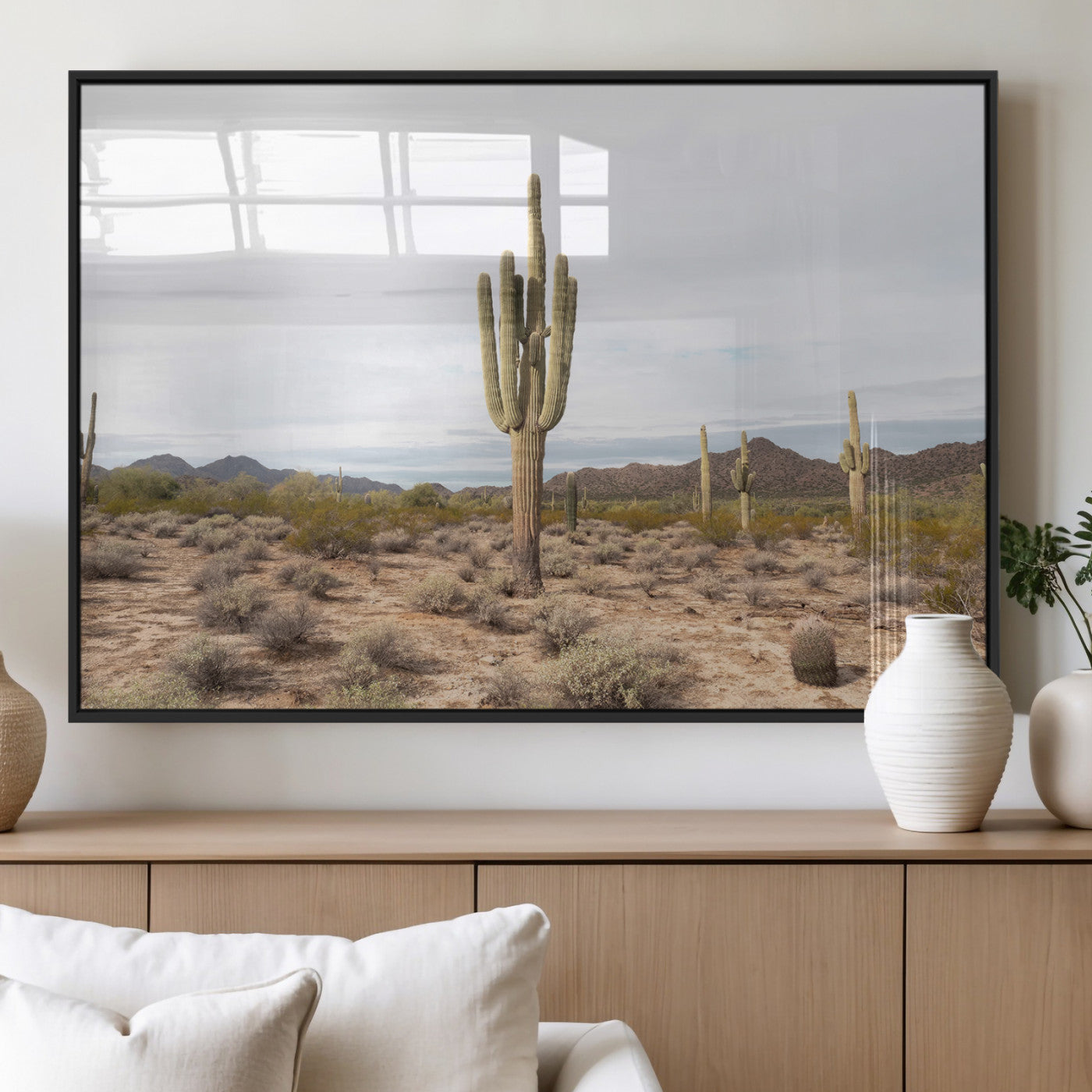 Canvas of a saguaro cactus in an earthy Sonoran desert landscape, ideal for Southwestern Boho or desert minimalism inspired home decor.   2/2