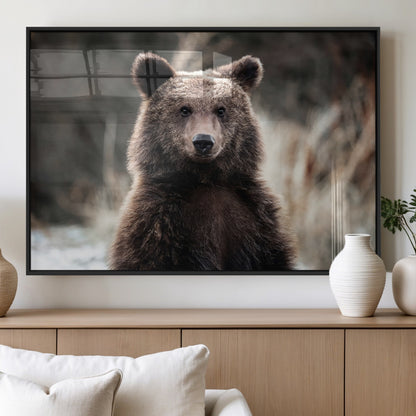 Canvas of a brown bear in soft earthy tones and moody forest light, ideal for rustic cabin or woodland nature-themed home decor.