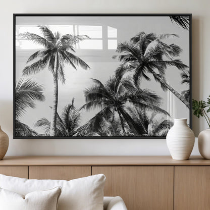 Black and white canvas of tall palm trees in moody tones, perfect for modern tropical minimalist or coastal-style home decor.