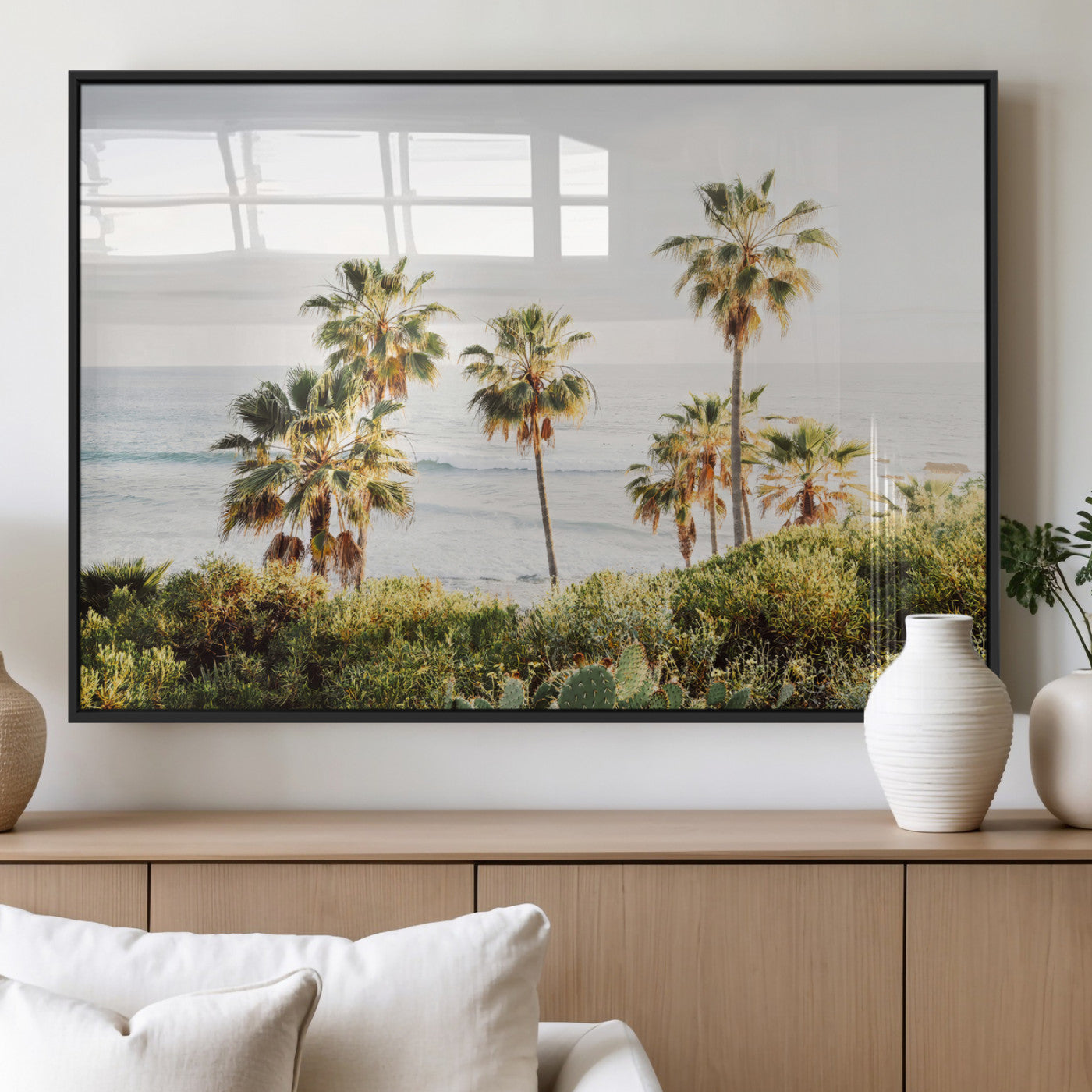 Framed print of sunlit palm trees on the California coast with warm tones, perfect for coastal minimalist or beach-style home decor.