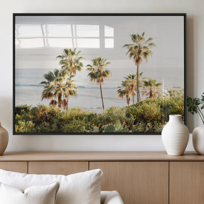 Framed print of sunlit palm trees on the California coast with warm tones, perfect for coastal minimalist or beach-style home decor.