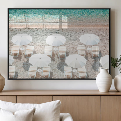 A bright beach scene with white umbrellas, pastel sand, and turquoise waters, creating a tranquil coastal vibe, perfect for beach house or summer decor.