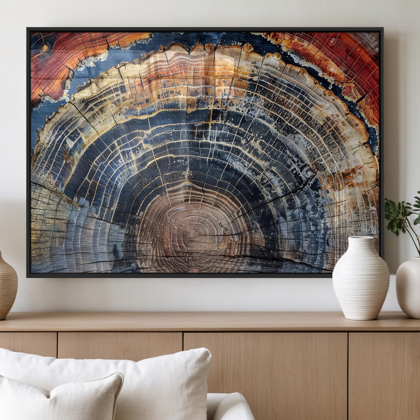 Vibrant tree ring with orange, brown, and blue tones in abstract detail, perfect for rustic or boho-inspired wall decor.