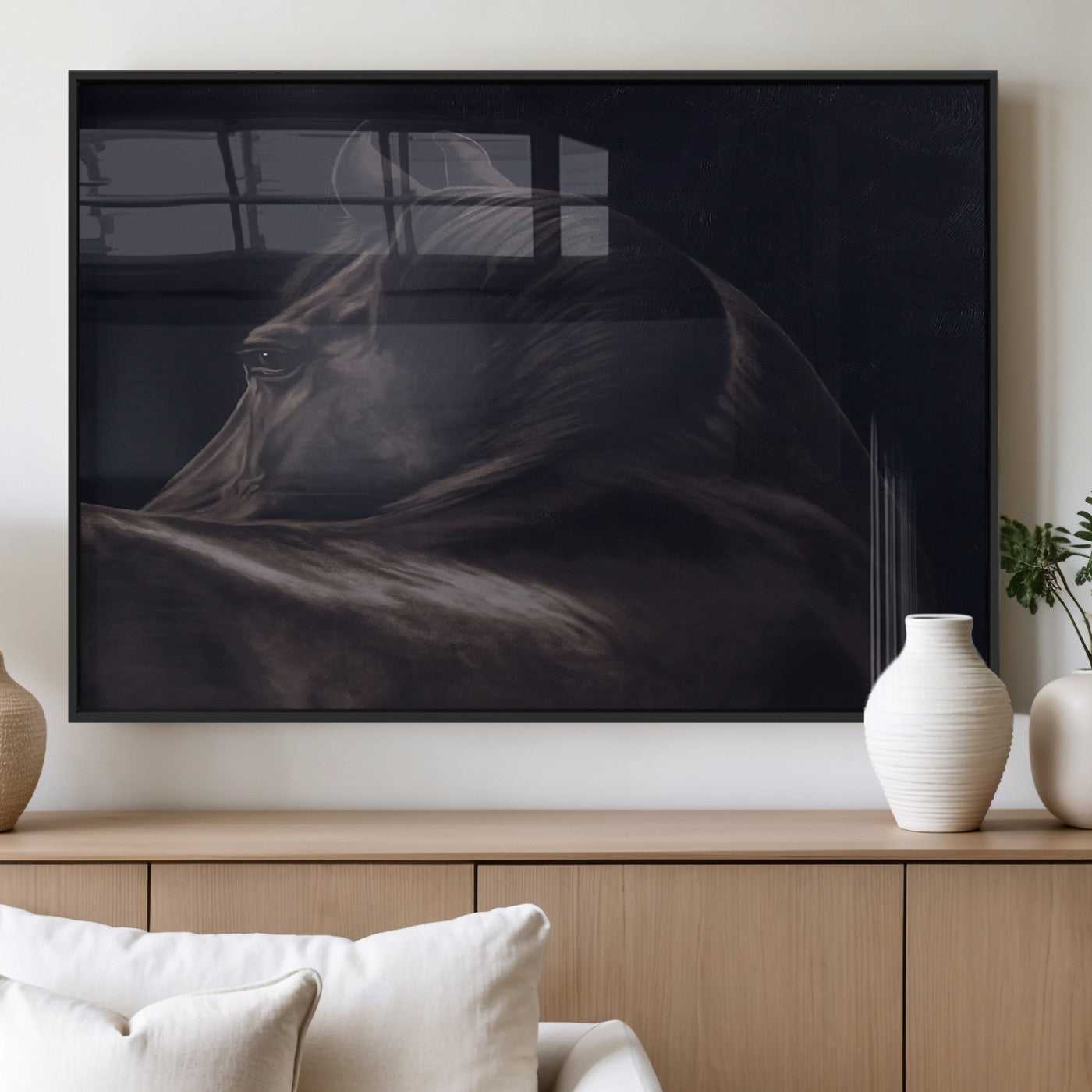 Close-up of a black horse with dramatic lighting on a dark background, perfect for rustic or masculine home decor.