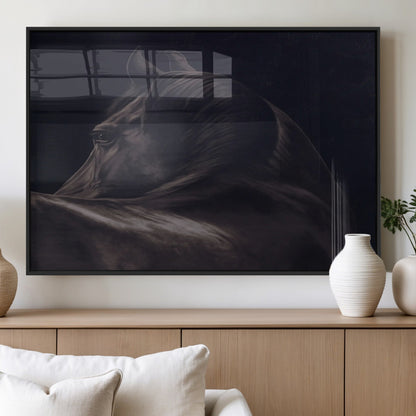 Close-up of a black horse with dramatic lighting on a dark background, perfect for rustic or masculine home decor.
