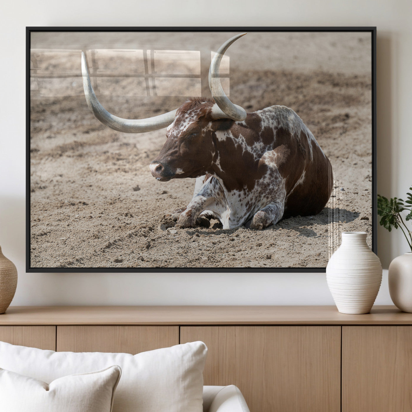 Texas Longhorn Wall Art Canvas Print, Framed Country Living Art Picture Print, Farmhouse Aesthetic Perfect Western Rustic Decor Artwork