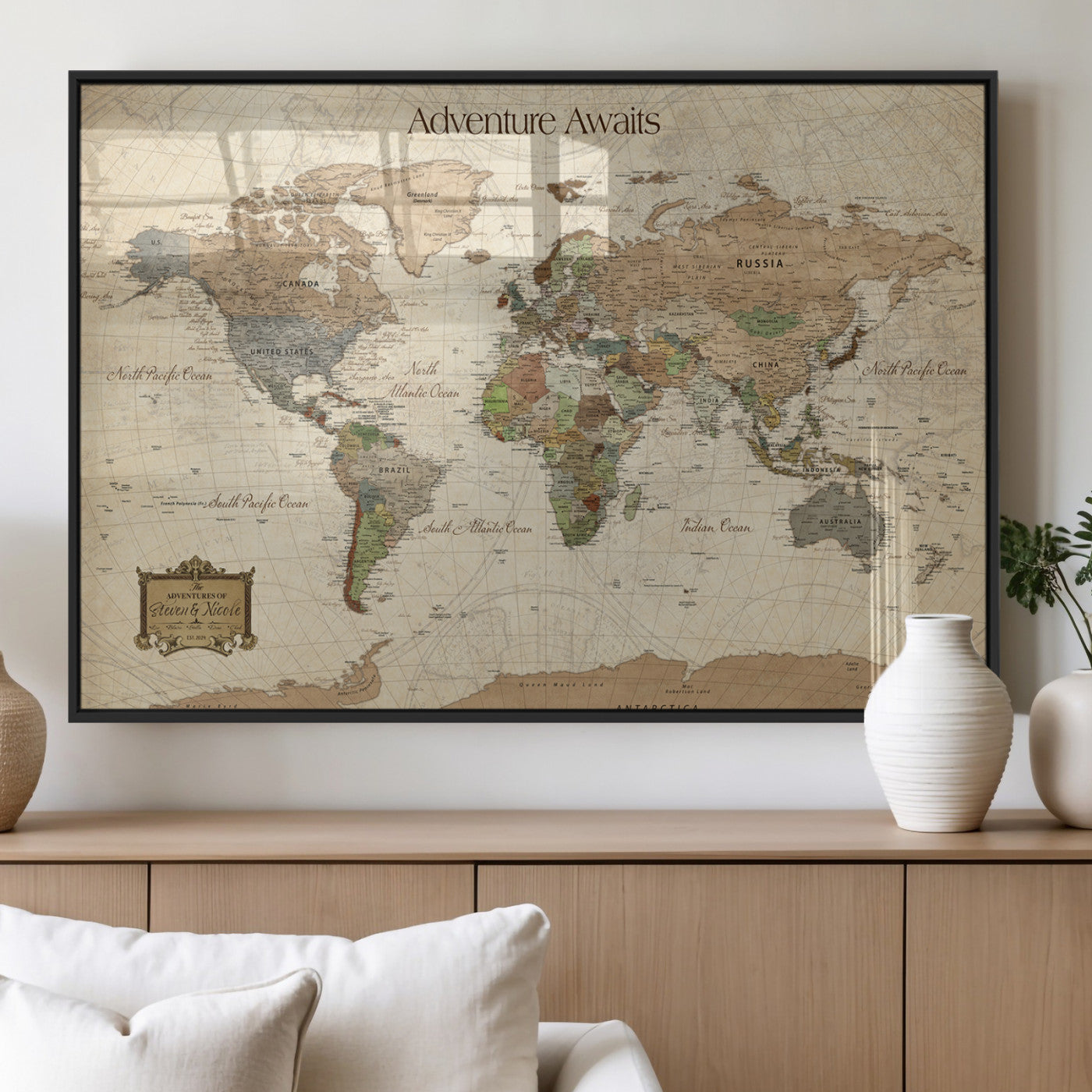 Custom Push Pin World Map Wall Canvas Print – Personalized Travel Tracker with Pins – Framed Custom Quotie Canvas for Home Office Decor