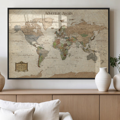 Custom Push Pin World Map Wall Canvas Print – Personalized Travel Tracker with Pins – Framed Custom Quotie Canvas for Home Office Decor