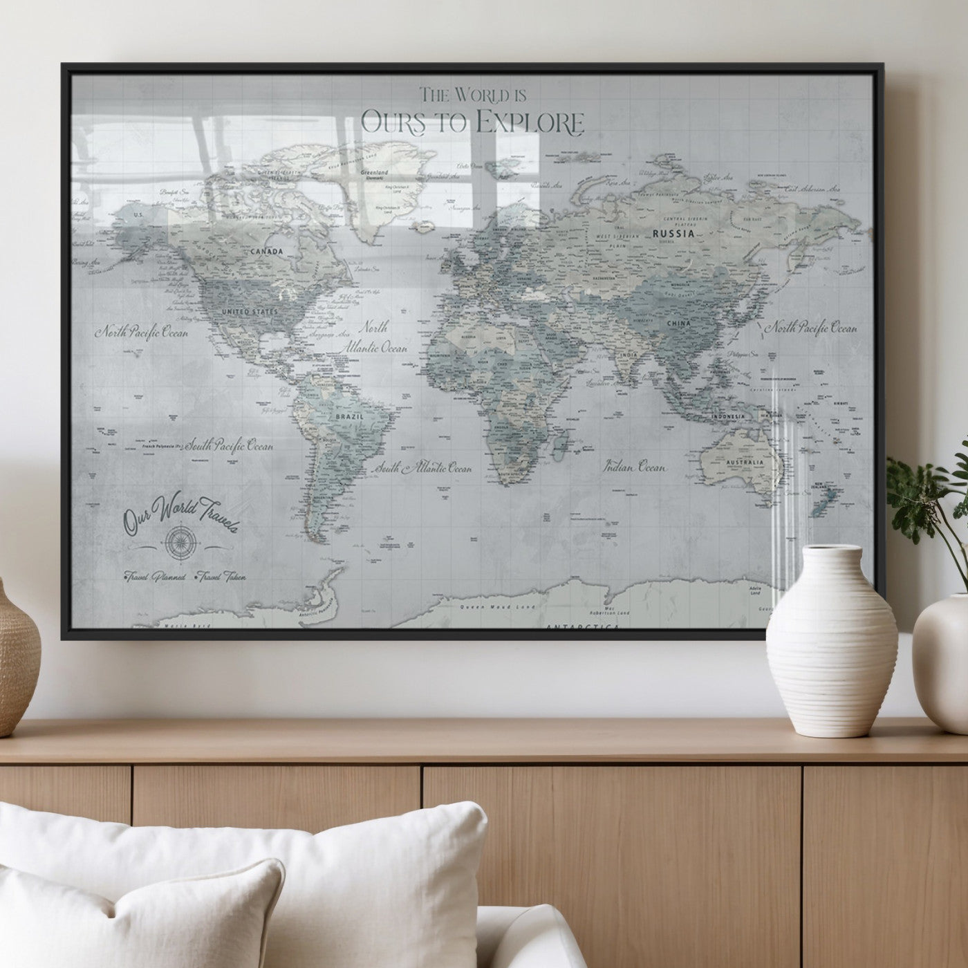 Custom Push Pin World Map Wall Canvas Print – Personalized Travel Tracker with Pins – Framed Custom Quotie Canvas for Home Office Decor