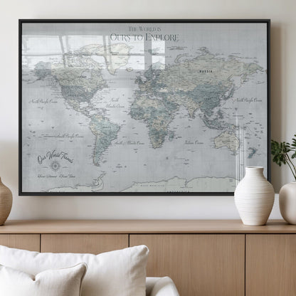 Custom Push Pin World Map Wall Canvas Print – Personalized Travel Tracker with Pins – Framed Custom Quotie Canvas for Home Office Decor