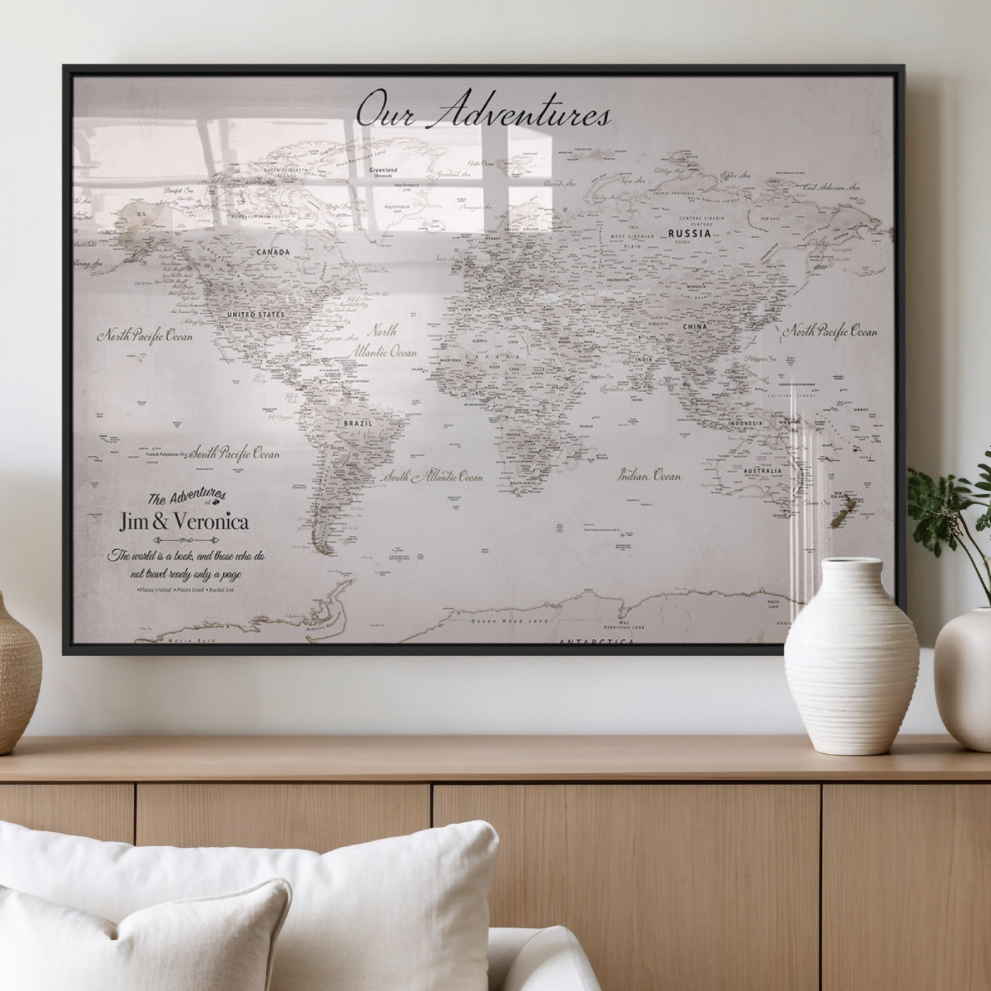 Customize Push Pin World Map Wall Canvas Print – Personalized Travel Map with Foam Pins – Framed Custom Quotie Canvas for Home Office Decor