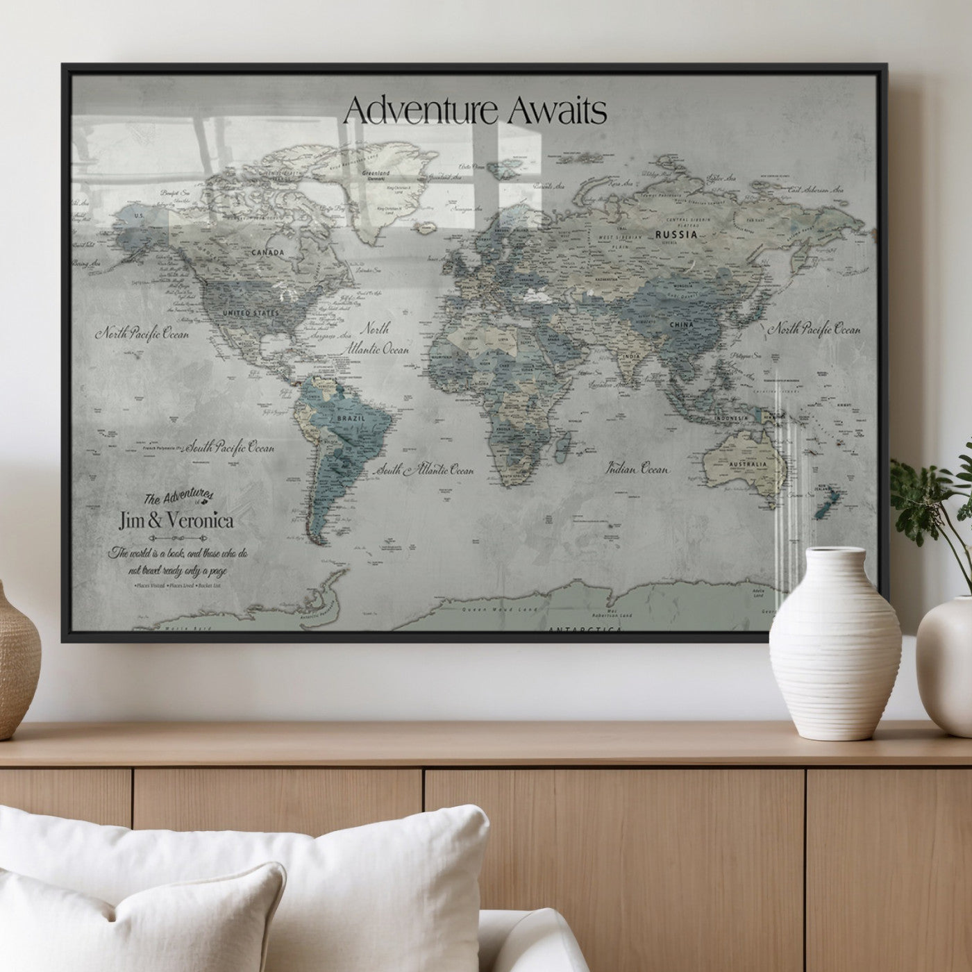 Customize Push Pin World Map Wall Canvas Print – Personalized Travel Tracker with Pins – Framed Custom Quotie Canvas for Home Office Decor