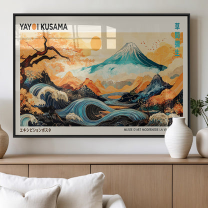 Modern Japanese-style art print featuring a stylized Mount Fuji, flowing waves, and vibrant landscapes in bold colors, inspired by traditional and contemporary aesthetics.