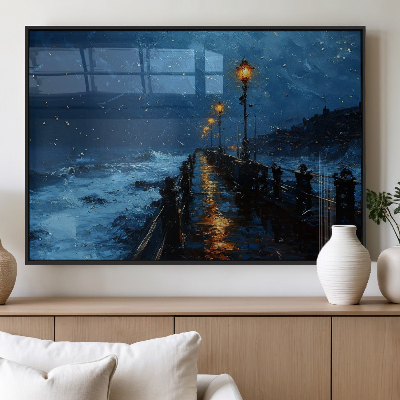 "Impressionistic painting of a rainy pier at night with glowing street lamps reflecting on the wet surface, ocean waves crashing under a dark blue sky."